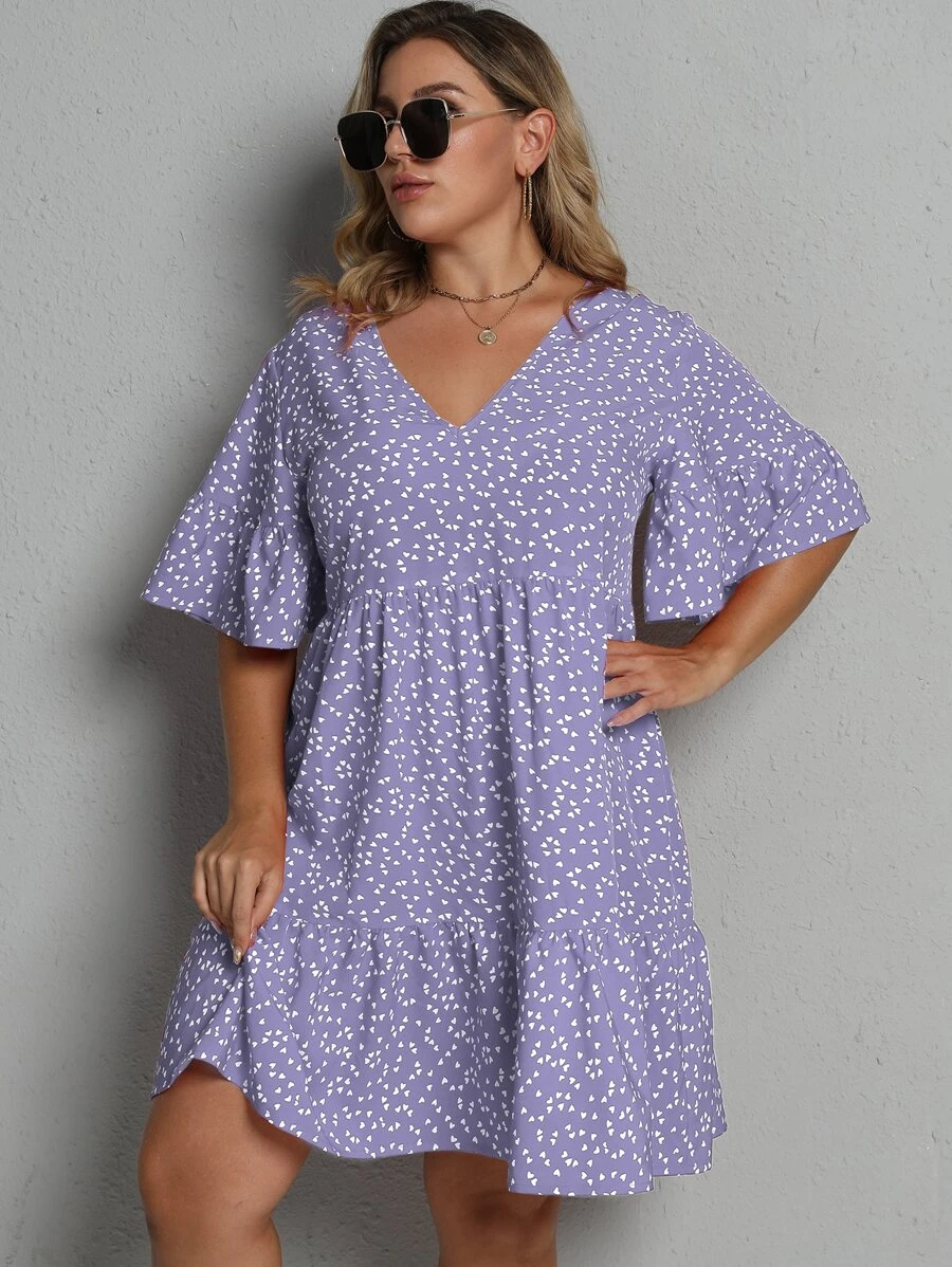 SHEIN LUNE Plus Allover Heart Print Smock Dress - Violet Purple - View 1