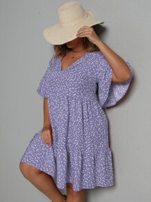 SHEIN LUNE Plus Allover Heart Print Smock Dress - Violet Purple - View 4