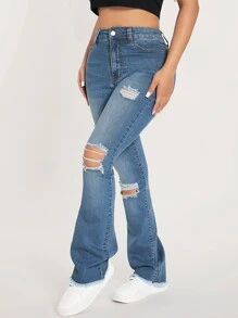 SHEIN PETITE Jeans de talle alto desgarro crudo de pierna bootcut - Azul lavado medio - Ver 1