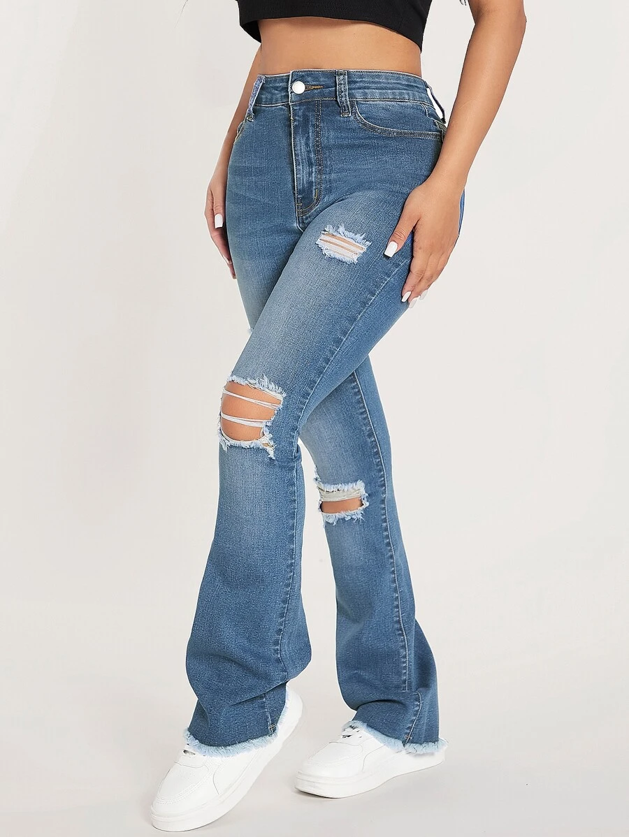 SHEIN PETITE Jeans de talle alto desgarro crudo de pierna bootcut - Azul lavado medio - Ver 1