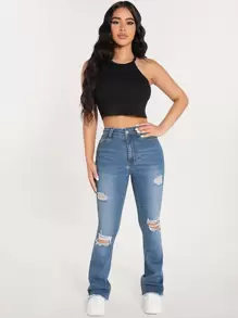 SHEIN PETITE Jeans de talle alto desgarro crudo de pierna bootcut - Azul lavado medio - Ver 4