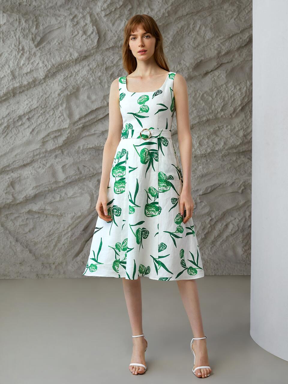 100% LINEN PLANTS Ring DETAIL DRESS