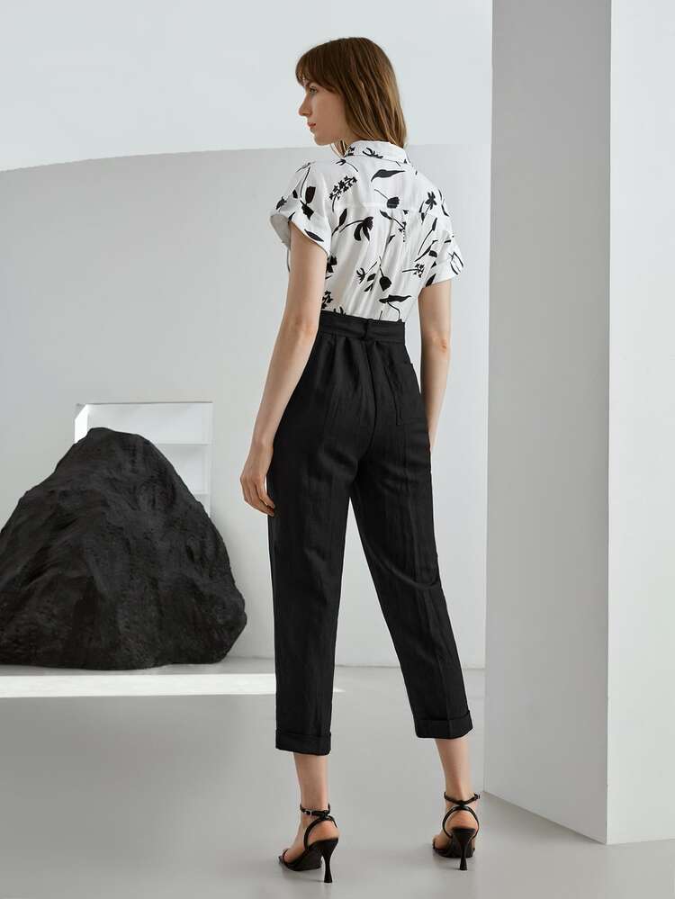 MOTF PREMIUM LINEN FLORAL BELTED JUMPSUIT - Black and White - View 2