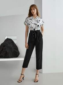 MOTF PREMIUM LINEN FLORAL BELTED JUMPSUIT - Black and White - View 5