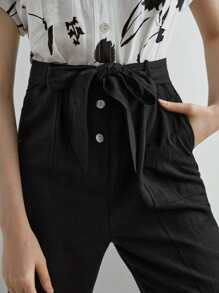 MOTF PREMIUM LINEN FLORAL BELTED JUMPSUIT - Black and White - View 6