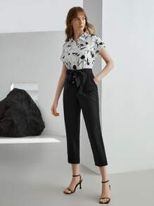 MOTF PREMIUM LINEN FLORAL BELTED JUMPSUIT - Black and White - View 7
