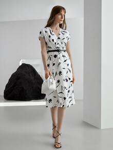 MOTF PREMIUM Vestido con cinturón lino tulipán cruzado - Blanco y Negro - Ver 5