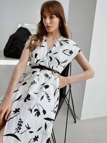 MOTF PREMIUM Vestido con cinturón lino tulipán cruzado - Blanco y Negro - Ver 10