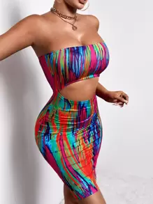 SHEIN SXY Tie Dye Cut Out Bodycon Tube Dress - Multicolor - View 4