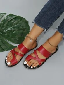Sandalias con tira con aro de dedo con tira cruzada - Rojo - Ver 2