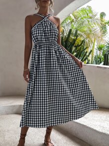 Breezaya 雙色格子褶邊吊帶洋裝 - 黑與白 - 查看 7