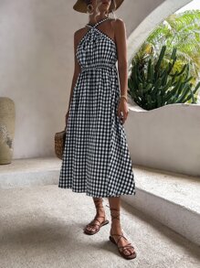 Breezaya 雙色格子褶邊吊帶洋裝 - 黑與白 - 查看 4