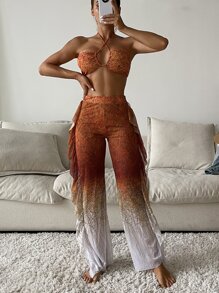 SHEIN Swim 图案渐变色比基尼套装交叉吊带无钢圈文胸 & 低腰 & 荷叶边罩杯裤 3 件套比基尼夏季海滩 - 彩色 - 查看 1