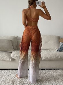SHEIN Swim 图案渐变色比基尼套装交叉吊带无钢圈文胸 & 低腰 & 荷叶边罩杯裤 3 件套比基尼夏季海滩 - 彩色 - 查看 2