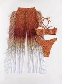 SHEIN Swim 图案渐变色比基尼套装交叉吊带无钢圈文胸 & 低腰 & 荷叶边罩杯裤 3 件套比基尼夏季海滩 - 彩色 - 查看 4