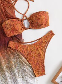 SHEIN Swim 图案渐变色比基尼套装交叉吊带无钢圈文胸 & 低腰 & 荷叶边罩杯裤 3 件套比基尼夏季海滩 - 彩色 - 查看 5