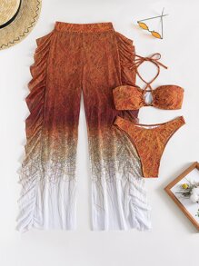 SHEIN Swim 图案渐变色比基尼套装交叉吊带无钢圈文胸 & 低腰 & 荷叶边罩杯裤 3 件套比基尼夏季海滩 - 彩色 - 查看 7