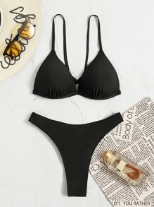 SHEIN Swim 夏季褶皱聚拢钢圈比基尼 - 黑色 - 查看 3