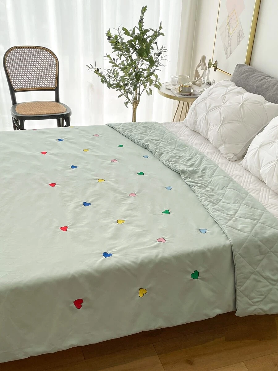 Tấm trải giường chần gòn thêu trái tim - màu xanh lá - Xem 1