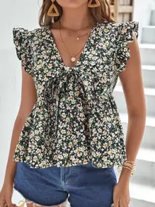 SHEIN Frenchy Áo sơ mi nữ Xù Thắt nơ trước Họa tiết hoa Boho - Nhiều màu - Xem 3