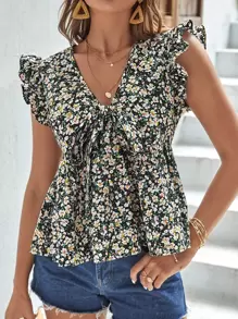 SHEIN Frenchy Áo sơ mi nữ Xù Thắt nơ trước Họa tiết hoa Boho - Nhiều màu - Xem 2