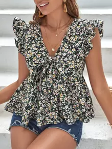 SHEIN Frenchy Áo sơ mi nữ Xù Thắt nơ trước Họa tiết hoa Boho - Nhiều màu - Xem 1