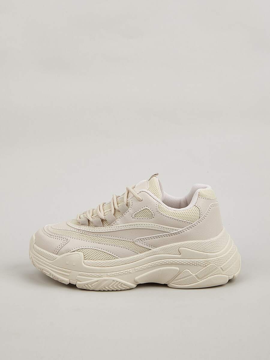 Men Mesh Panel Lace-up Front Chunky Sneakers - Beige - View 1