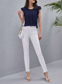 SHEIN Clasi Áo sơ mi nữ Nút Xù màu trơn Thanh lịch - Màu xanh hải quân - Xem 5