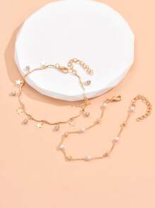 2pcs Random Rhinestone & Star Charm Anklet - Yellow Gold - View 2