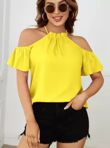 SHEIN Clasi Blusa amarillo flúor ribete fruncido de hombros descubiertos - Amarillo - Ver 1