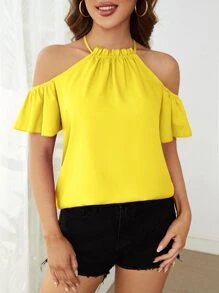 SHEIN Clasi Blusa amarillo flúor ribete fruncido de hombros descubiertos - Amarillo - Ver 6