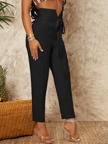 SHEIN SXY 高腰腰帶錐形褲 - 黑色 - 查看 3