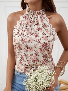 SHEIN Clasi Floral Print Contrast Lace Tie Back Top - Multicolor - View 1