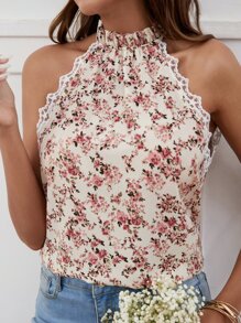SHEIN Clasi Floral Print Contrast Lace Tie Back Top - Multicolor - View 3