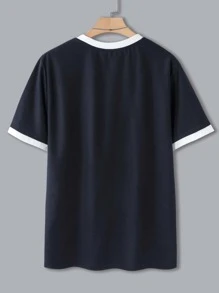 Manfinity 男士字母補丁細節拼接邊T恤 - 藏蓝色 - 查看 2