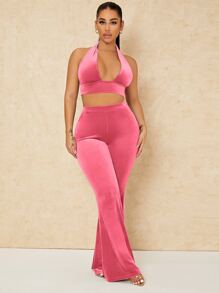 SHEIN SXY Backless Crop Velvet Halter Top & Flare Leg Pants - Pink - View 1