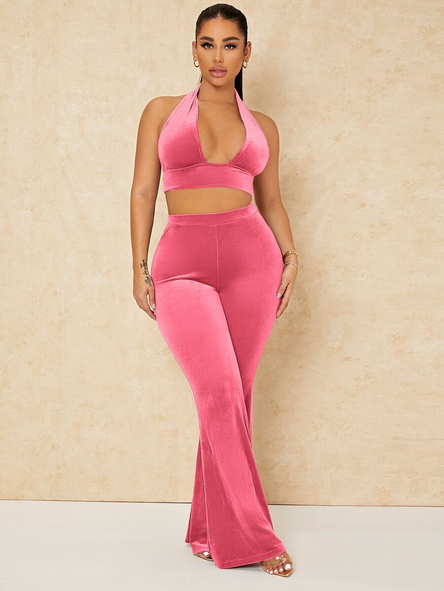SHEIN SXY Backless Crop Velvet Halter Top & Flare Leg Pants - Pink - View 1