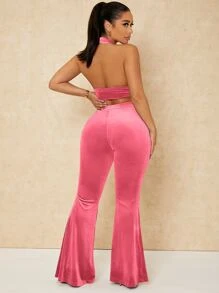 SHEIN SXY Backless Crop Velvet Halter Top & Flare Leg Pants - Pink - View 2