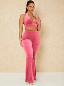 SHEIN SXY Backless Crop Velvet Halter Top & Flare Leg Pants - Pink - View 3
