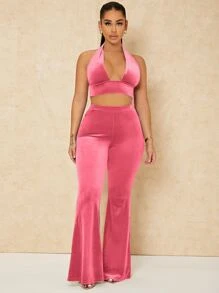 SHEIN SXY Backless Crop Velvet Halter Top & Flare Leg Pants - Pink - View 4