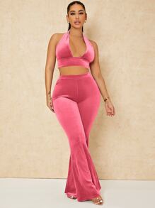SHEIN SXY Backless Crop Velvet Halter Top & Flare Leg Pants - Pink - View 5