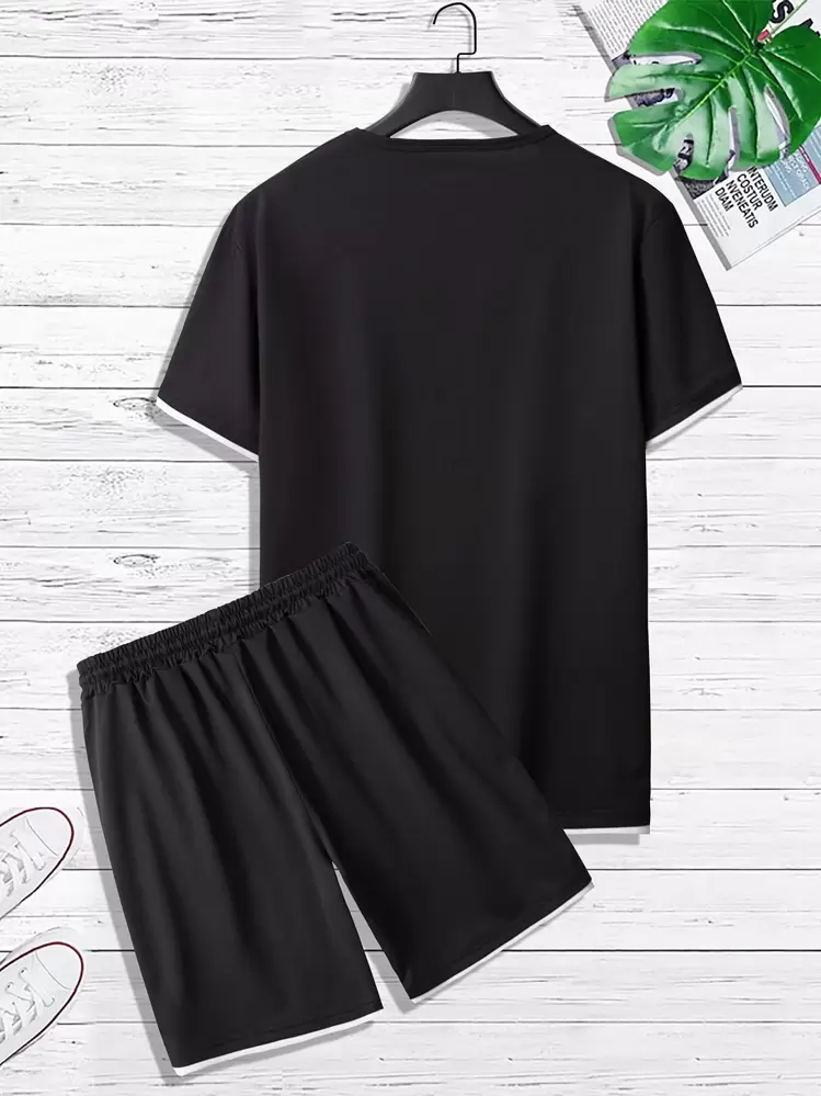 Manfinity Homme Men Letter Patched Detail 2 In 1 Tee & Drawstring Waist Shorts, Cozy Outfits - Black - View 2