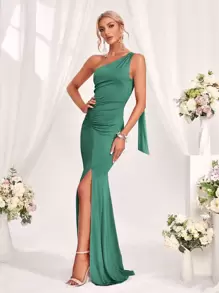 褶邊單肩露背超長伴娘洋裝 - 綠色 - 查看 1