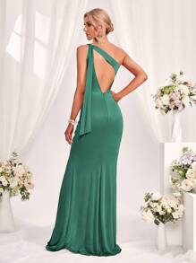 褶邊單肩露背超長伴娘洋裝 - 綠色 - 查看 2