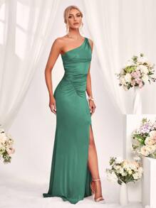褶邊單肩露背超長伴娘洋裝 - 綠色 - 查看 3