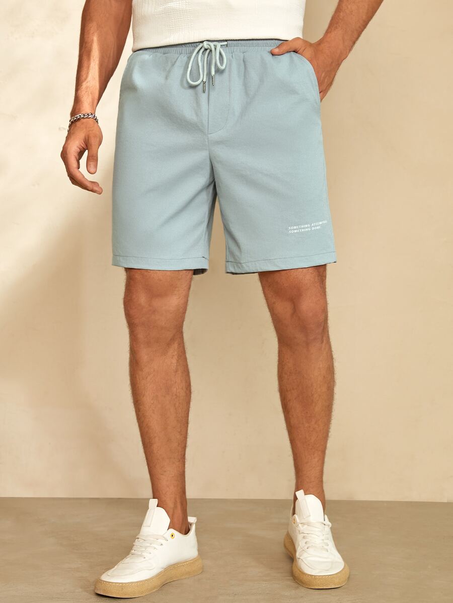 Manfinity Men Slogan Graphic Drawstring Waist Shorts - Baby Blue - View 1