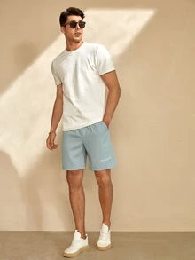 Manfinity Men Slogan Graphic Drawstring Waist Shorts - Baby Blue - View 3