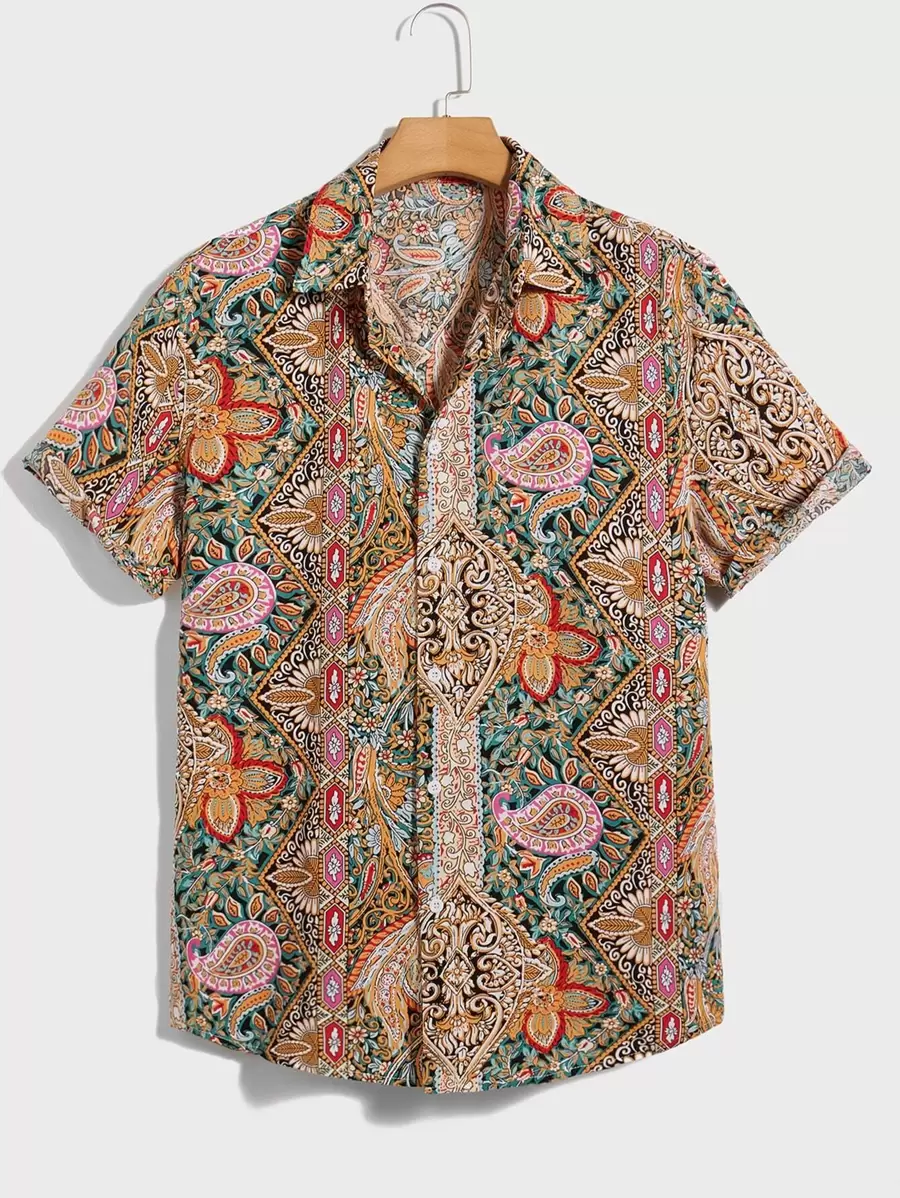 Manfinity VCAY Camisa Colorida Con Estampado Floral De Cachemira Y Manga Corta Con Botones Para Hombre, Regalo Para Novio En La Playa Para Vacaciones