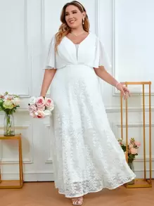 SHEIN Belle Vestido de novia panel con malla fruncido de manga mariposa con encaje - Blanco - Ver 1