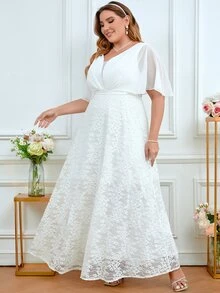 SHEIN Belle Vestido de novia panel con malla fruncido de manga mariposa con encaje - Blanco - Ver 5